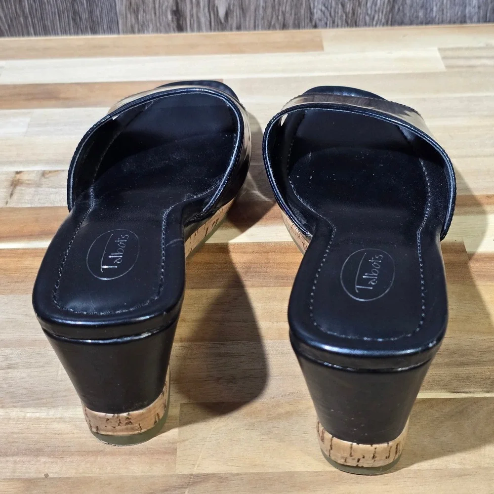 Talbots Black Leather Cork Wedge Sandals Open Toe Slide Shoes Women's 9.5B Black